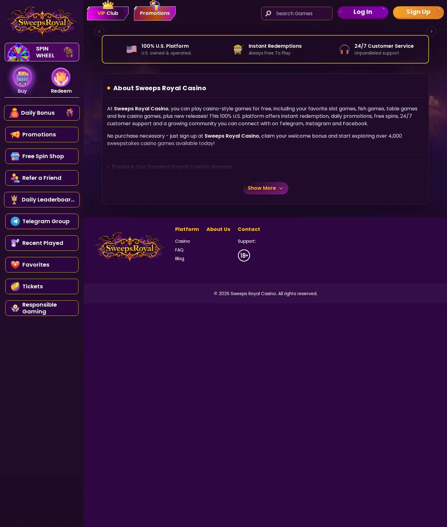 Screenshot of the Sweeps Royal website
